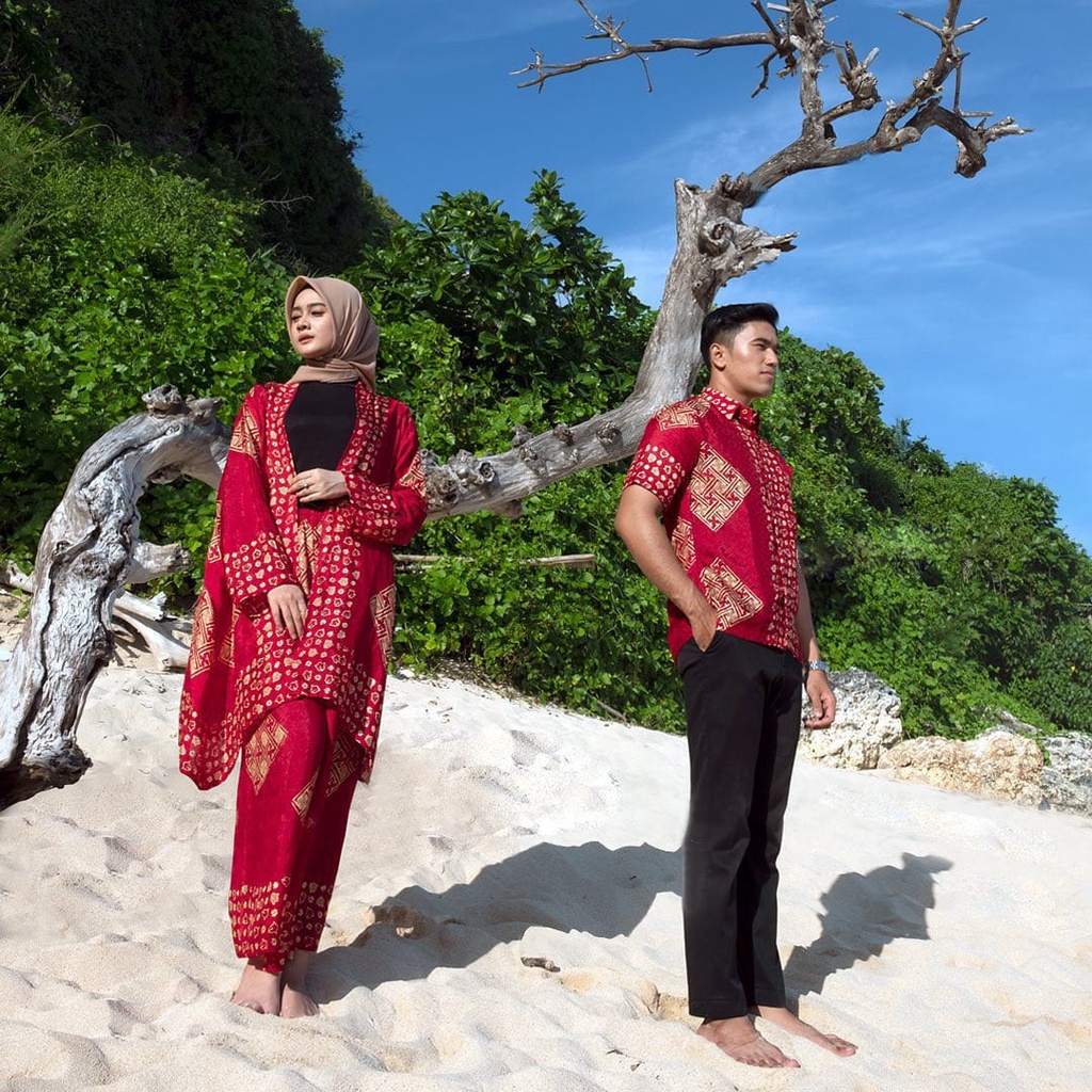 BATIK TRUSMI Set Couple Sarimbit Batik Cap Motif Angkin Kemeja Pria dan Outer Kulot Wanita