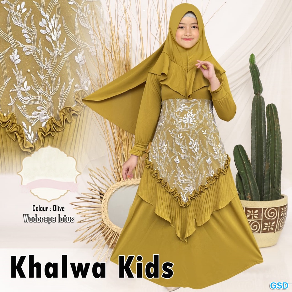 Syari Khalwa kids/Gamis Syari Anak Fit 9-12 Tahun /Gaun Muslim Murah Best Seller/ Baju Ngaji Cewek Impor Motif Brukat/ Good Quality