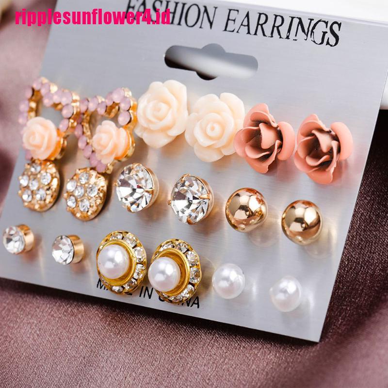 9 Pasang / Set Anting Tusuk Motif Bunga Hias Kristal / Mutiara Imitasi Untuk Wanita