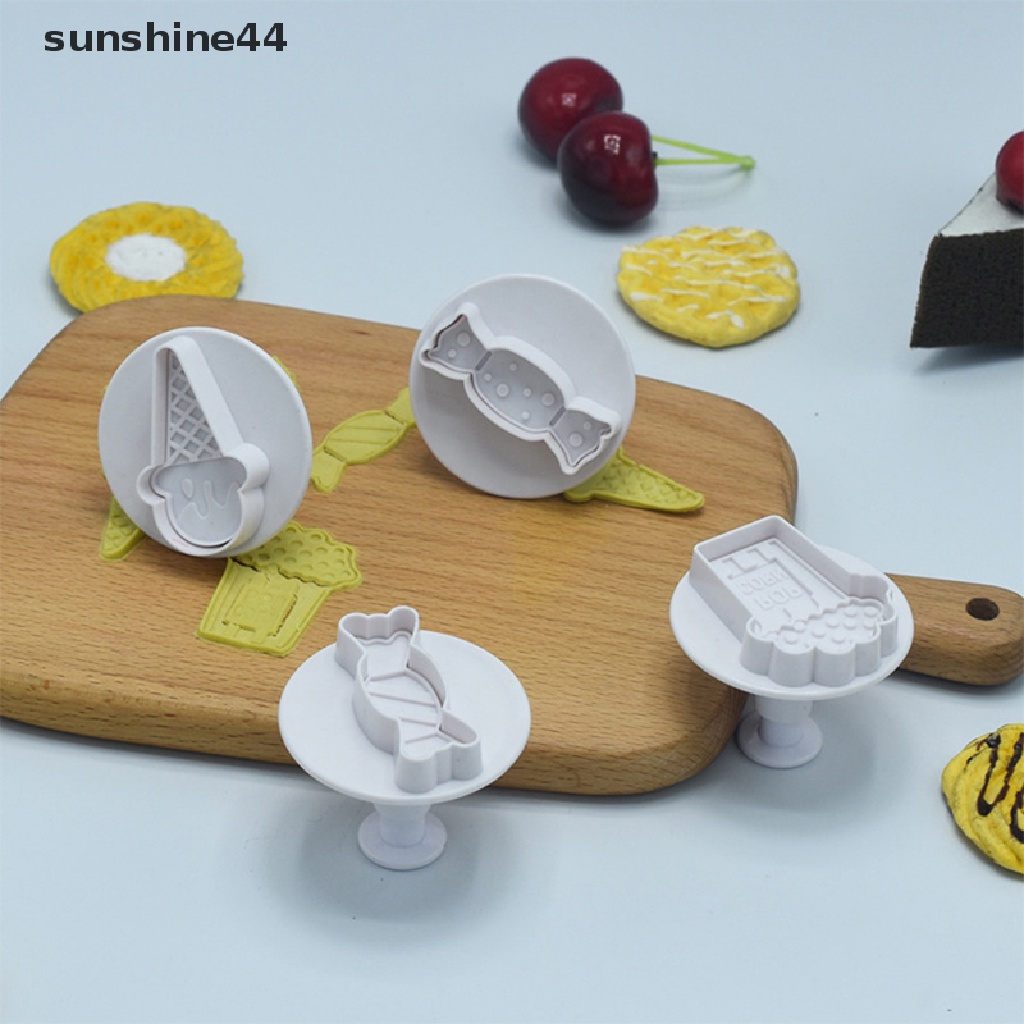 Sunshine 4pcs / Set Cetakan Pemotong Es Krim / Cookies / Popcorn / Permen Dengan Plunger