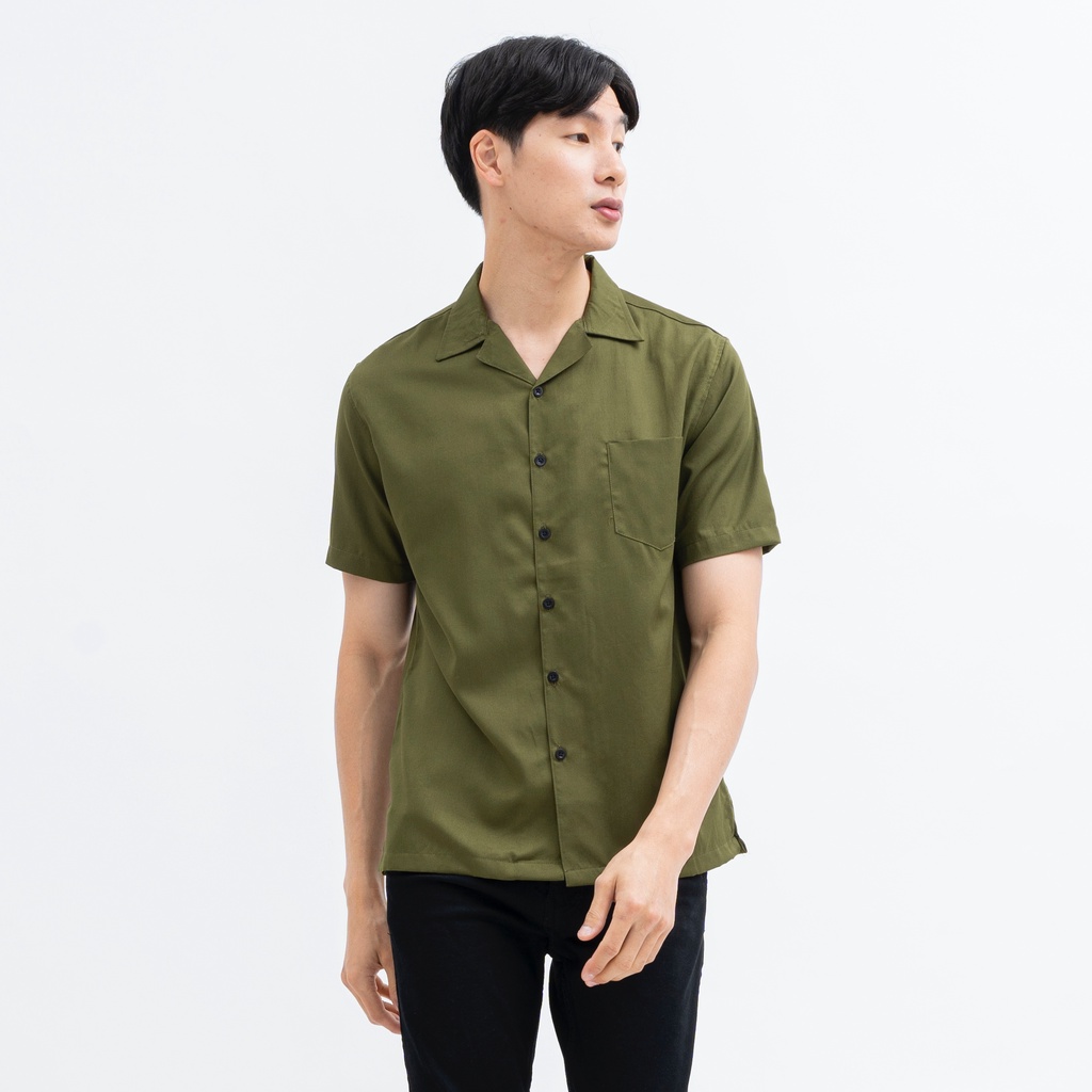 SANVANINA Kemeja Bowling Shirt Basic Army Green | Kemeja Polos Santai Hijau Army E-1445J