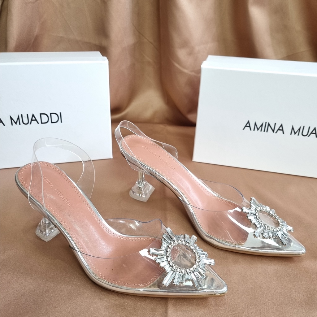 SEPATU AMINA MUADDI WANITA BEGUM CRYSTAL GLASS SLING HEELS TRANSPARAN PVS