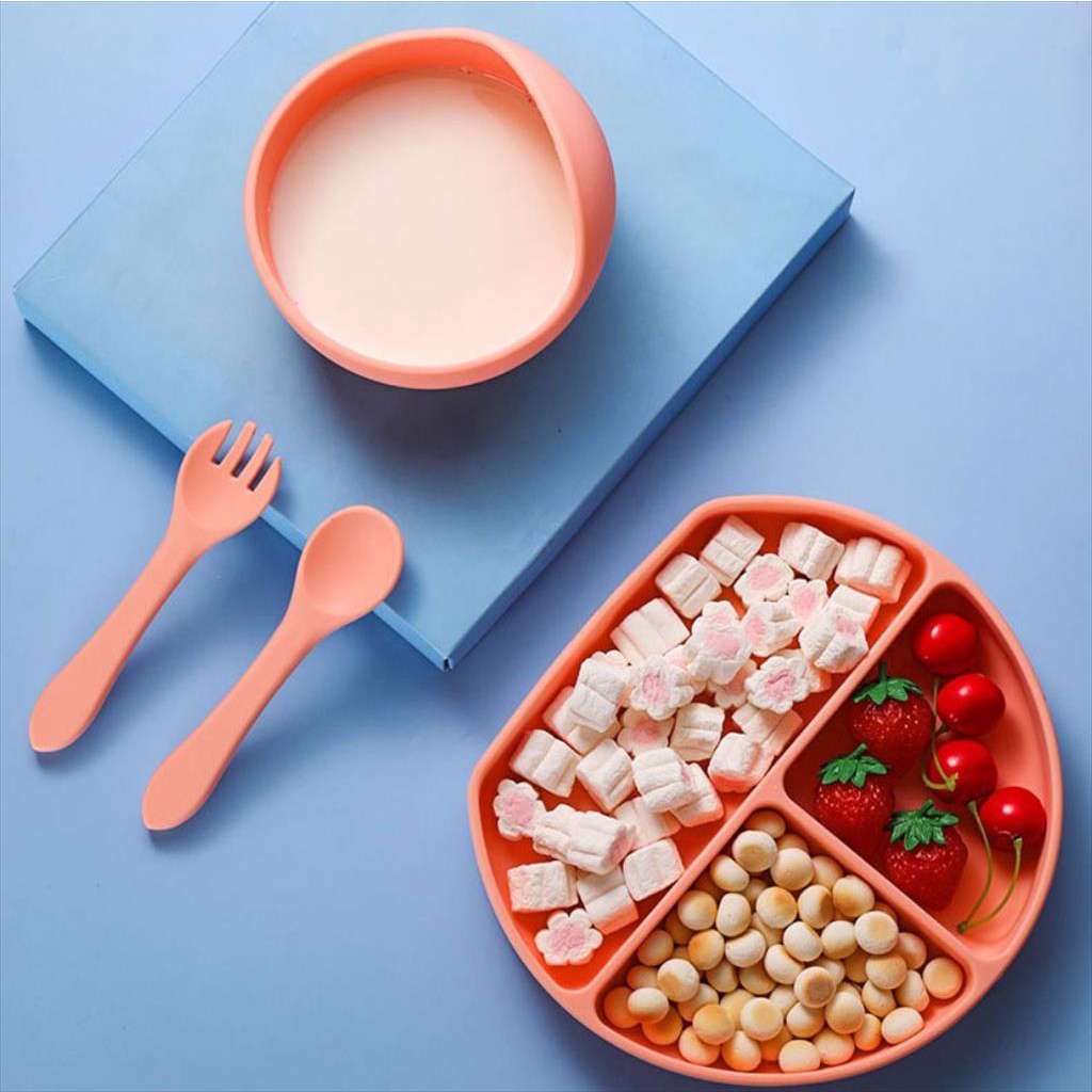 JM0047 Set Makan Bayi 5 in 1 Silicone Peralatan Makan Bayi Silicone Set Food Grade Baby Feeding Set Suction Bowl Anak