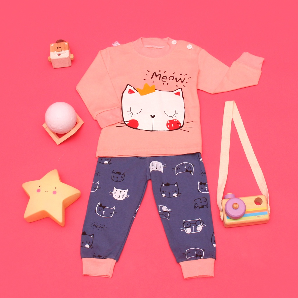 PIYAMA KAOS IMPORT MEOW BAJU TIDUR ANAK LENGAN PANJANG BAHAN PREMIUM