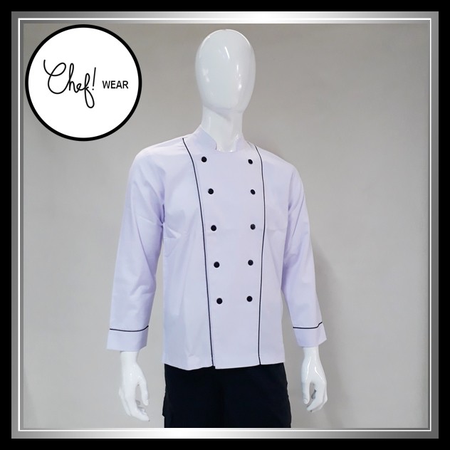 Chef Wear Baju Koki LS Putih (Piping Hitam) S-XXL