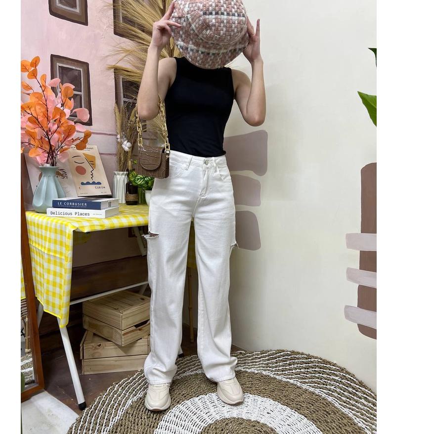 idJj8J3-- Celana Jeans Jens Panjang Wanita Cewek Perempuan Dewasa Kekinian Sobek Putih Premium A8