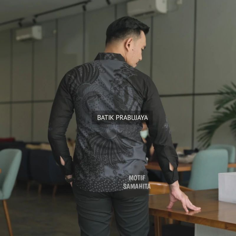 SAMAHITA Kemeja Batik Pria Modern Terbaru Lengan Panjang Full Furing - Baju Hem Batik Solo Pria Cowok Laki Laki Katun Halus Kondangan Kerja Kantor Pesta Abu Abu