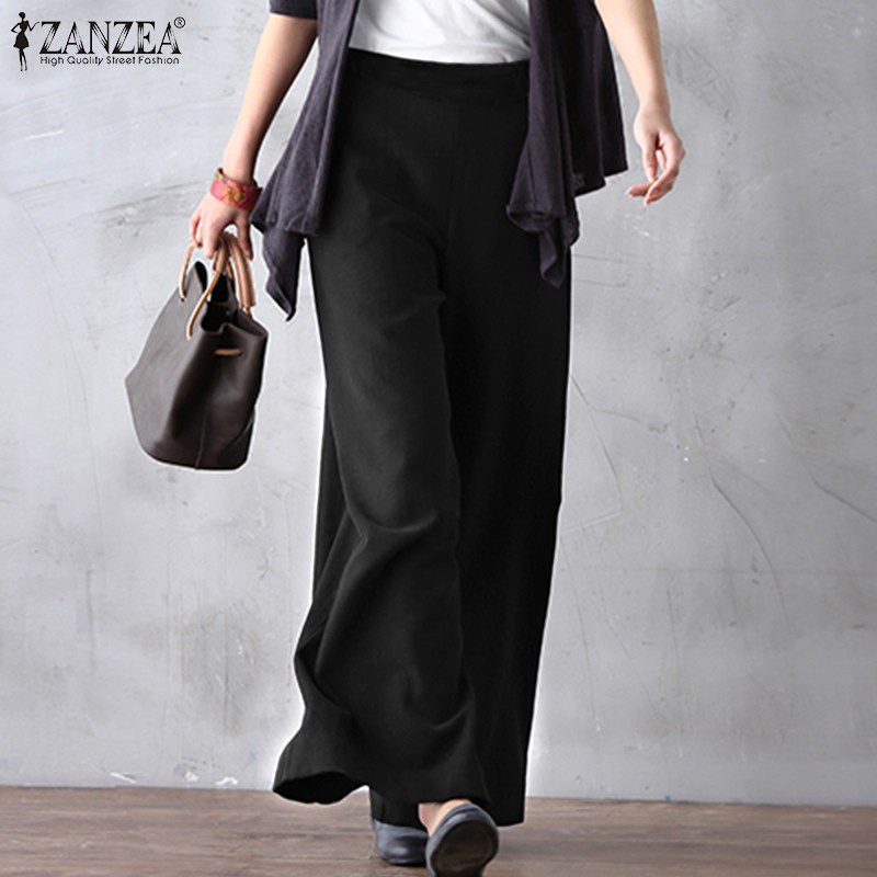 ZANZEA Women Solid Color Elastic Waist Casual Wide Leg Long Pants