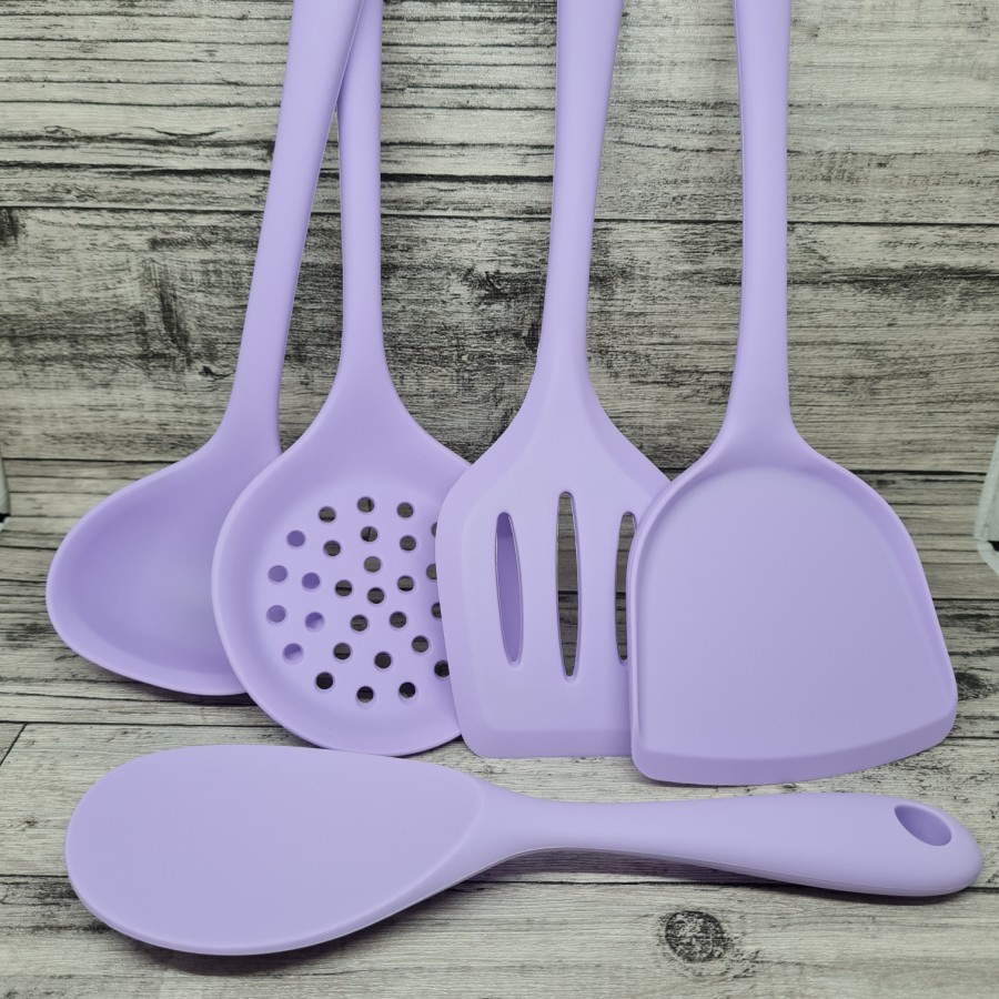 set 5pcs silicone cooking utensil / turner ladle skimmer rice spoon / set masak silikon tahan panas lilac pink tosca