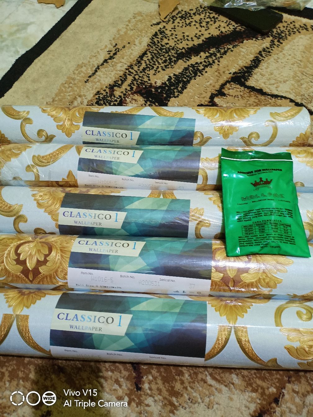 Wallpaper Dinding Klasik Biru Cream Gold Abu Mewah Emboss