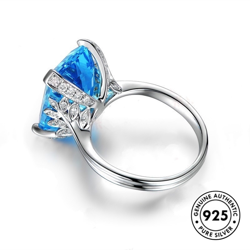 Cincin Sapphire Bentuk Kotak Bahan S925 Silver Gaya Elegan