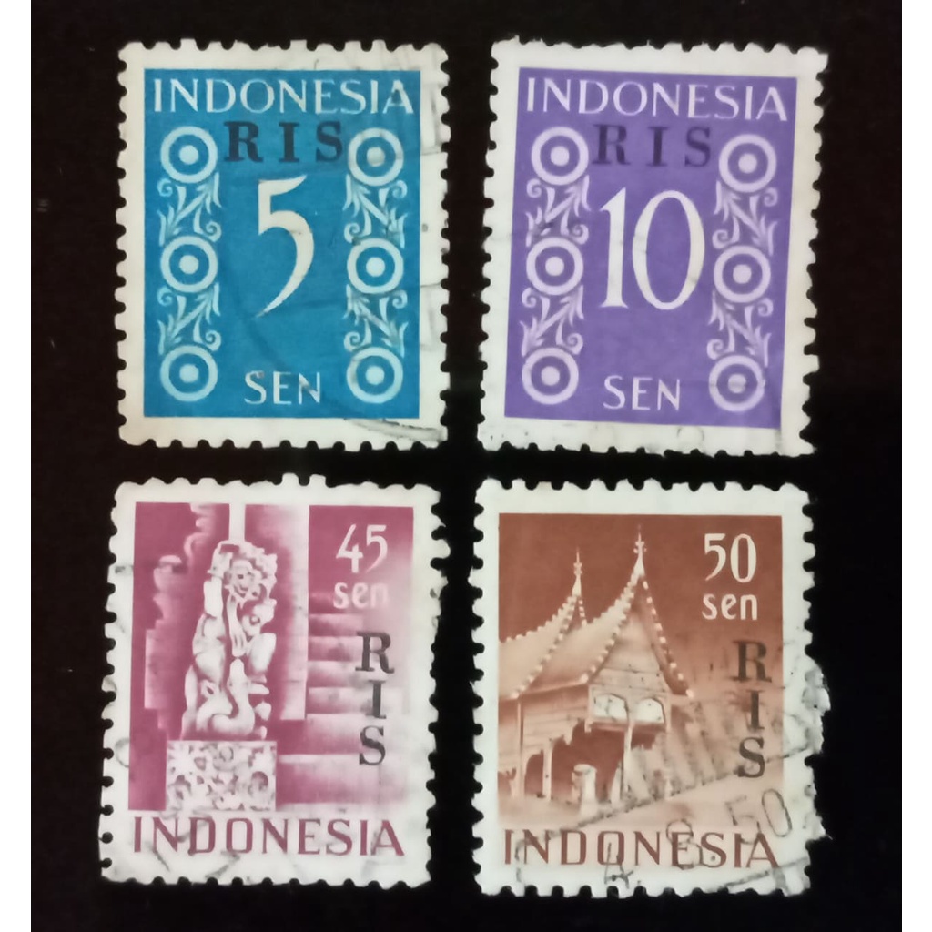 Perangko Indonesia 5, 10, 45, 50 Sen Cetak Tindih RIS (Republik Indonesia Serikat)