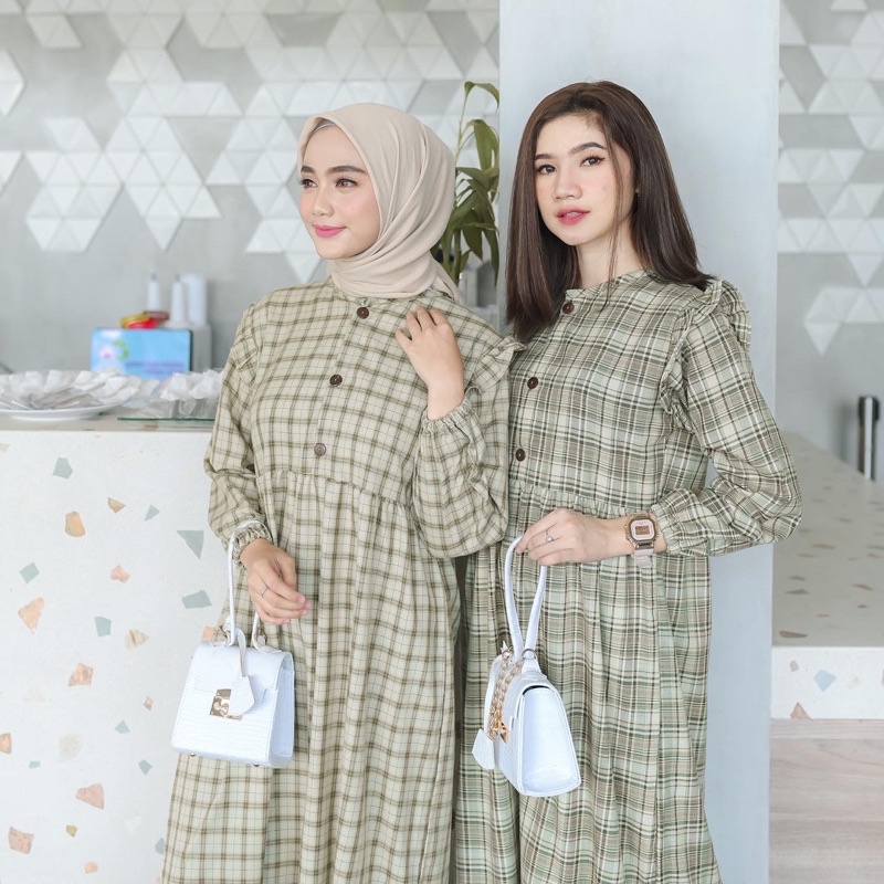 Rereyshop Lydia Dress Kotak Oxford Tebal  Adem Korean Dress Wanita Terlaris