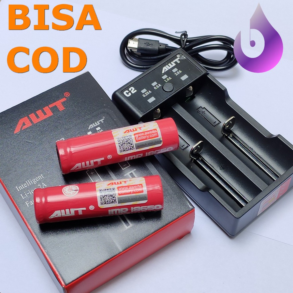 PAKET CHARGER DAN 2 BATTERY AWT AUTHENTIC AWT VAPE 18650 2 SLOT