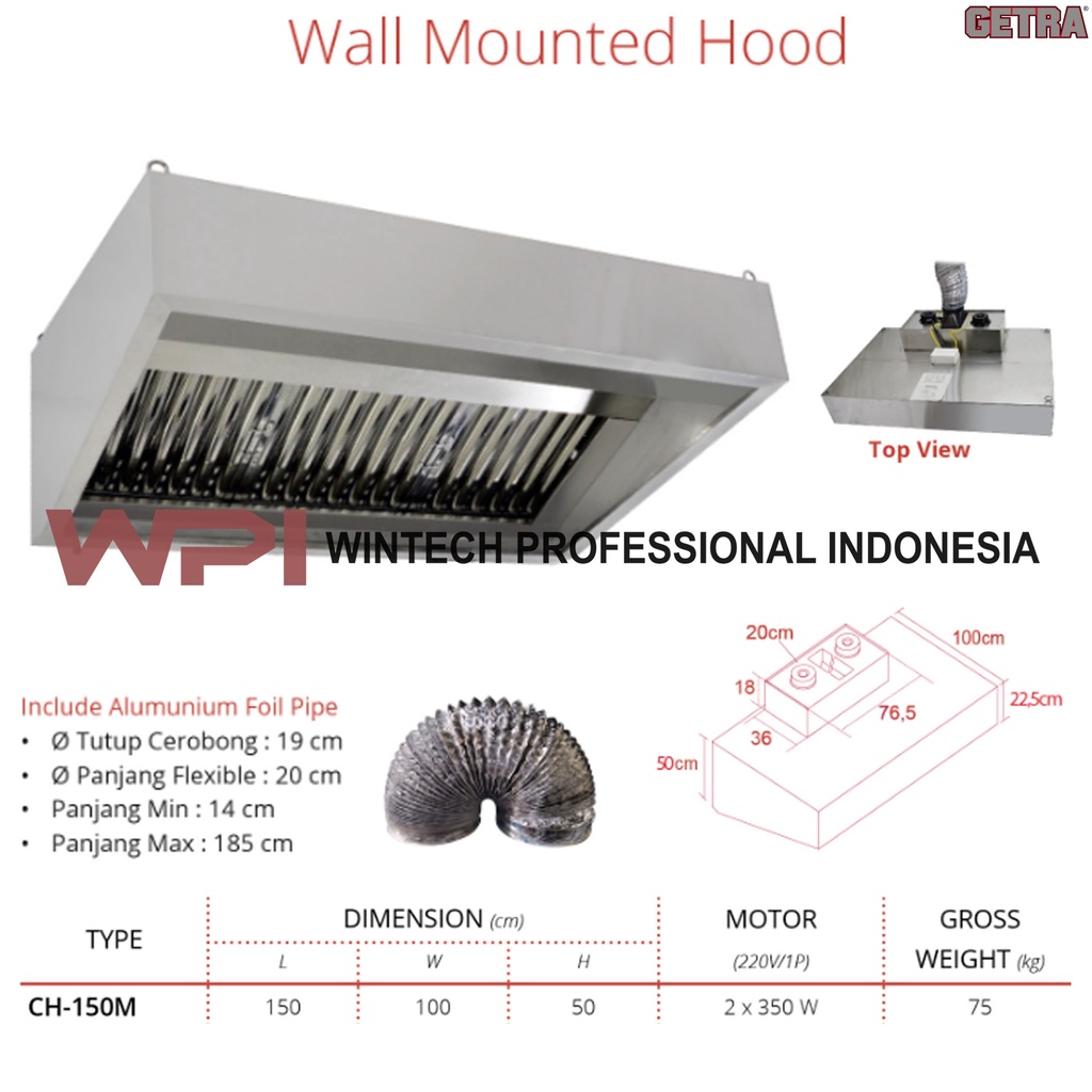 Getra CH-150M Wall Mouted Hood Alat Pengisap Asap Dapur Saat Memasak - Cooker Hood - Tudung Hisap - 