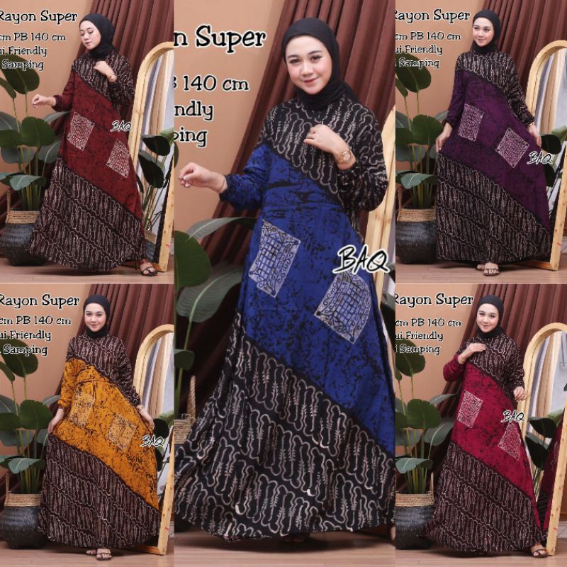 Gamis Rayon Premium Abstrak Malaman Busui Friendly Dress Wanita Batik Pekalongan Kekinian