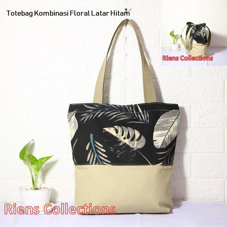 TAS KANVAS TOTEBAG KANVAS KOMBINASI MOTIF FLORAL LATAR HITAM. Riens Collections