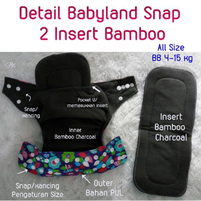 BABYLAND BAMBOO CLODI PREMIUM  CLOTHDIAPER POPOK BAYI BISA DI CUCI 1 COVER POCKET + 2 INSERT BAMBOO