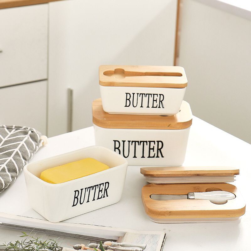 (BOW) Kotak Penyimpanan Mentega Butter Bahan Keramik Butter Storage Dengan Pisau Oles Dan Tutup Kayu