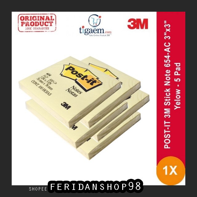 

FS1260 MEMO & STICKY NOTES 3M POST-IT STICK ATK NOTE 654-AC 3"X3" YELLOW - 5 PAD BY FERIDANSHOP98