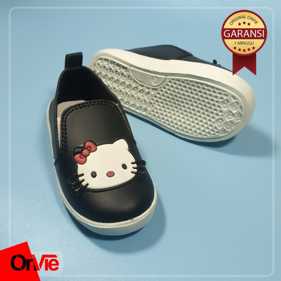 Sepatu Slip On Anak Perempuan Hitam Putih Pink Motif Kitty Karet 3D | Sepatu Anak Sekolah Onvie