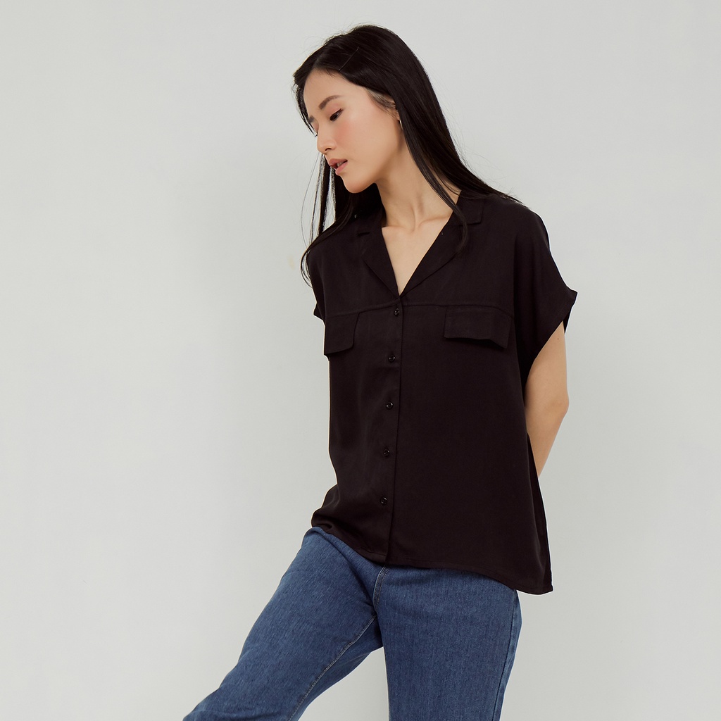 WFH Clothing Rayon Illa Resort Collar Black - Blouse Casual Wanita-3