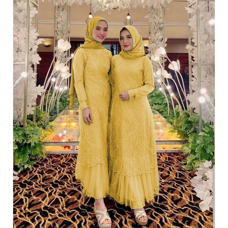 MAXI GERALDINE S M L XL XXL XXXL/GAMIS MUSLIM FASHION WANITA/MAXI KONDANGAN SERAGAM ACARA-Mustard