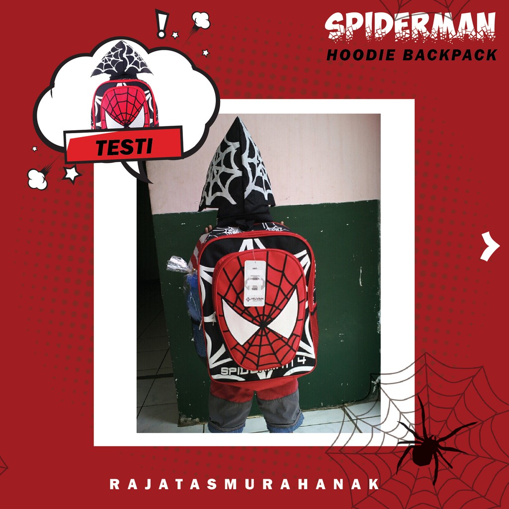 Tas Ransel Anak Laki Laki Karakter - Spiderman Hoodie.RTM / Bonus Tutup Kepala + FREE Botol Minum