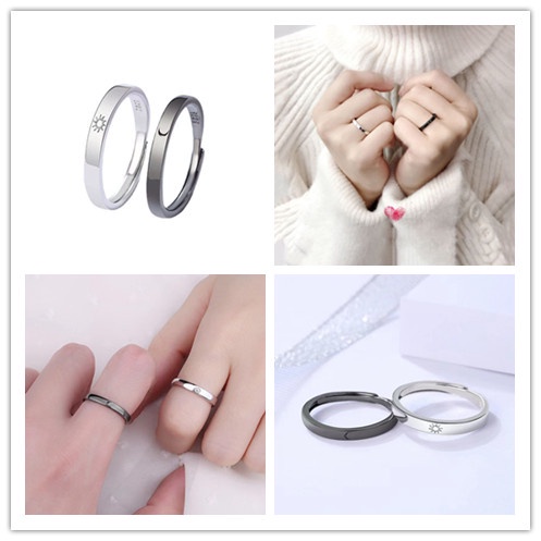 2pcs Cincin Pasangan Model Terbuka Adjustable Desain Matahari / Bulan Untuk Pria / Wanita