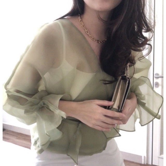 Aura Label - Rosie Bow Organza Top Sage Green - MOST WANTED blouse wanita organza sage green pita puff