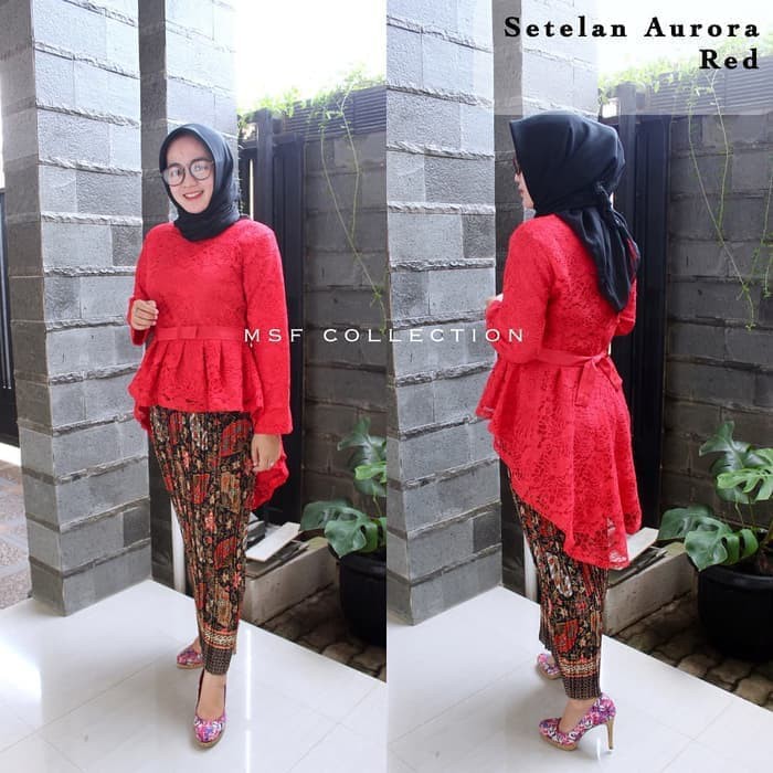 SETELAN KEBAYA BROKAT AURORA RED ROK PLISKET