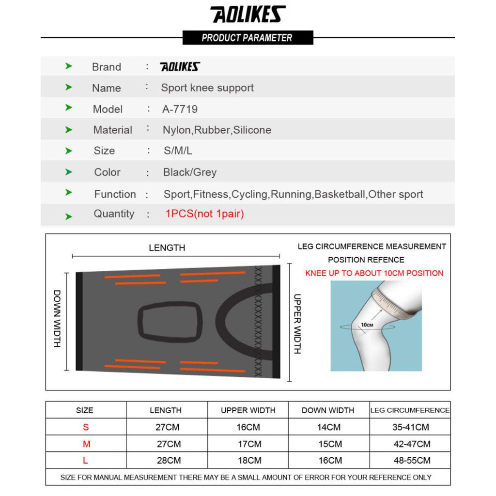 AOLIKES 7719 Premium Black Knee Sleeve / Knee Support - Deker Pelindung Lutut Kaki Olahraga Elastis