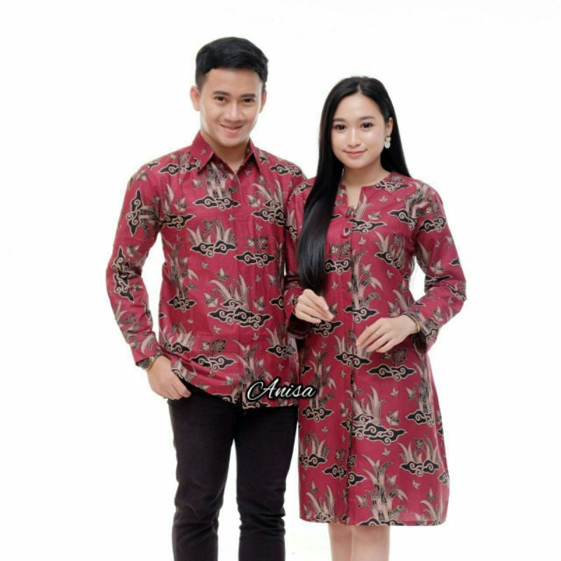 couple batik bambu Megamendung merah seragam batik kantor wanita pria sarimbit batik ori