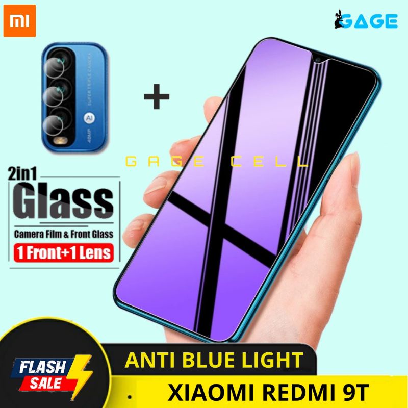 2in1 TEMPERED GLASS ANTI BLUE LIGHT REDMI 9T TG ANTI GORES LAYAR KAMERA REDMI 9 T FULL SCREEN