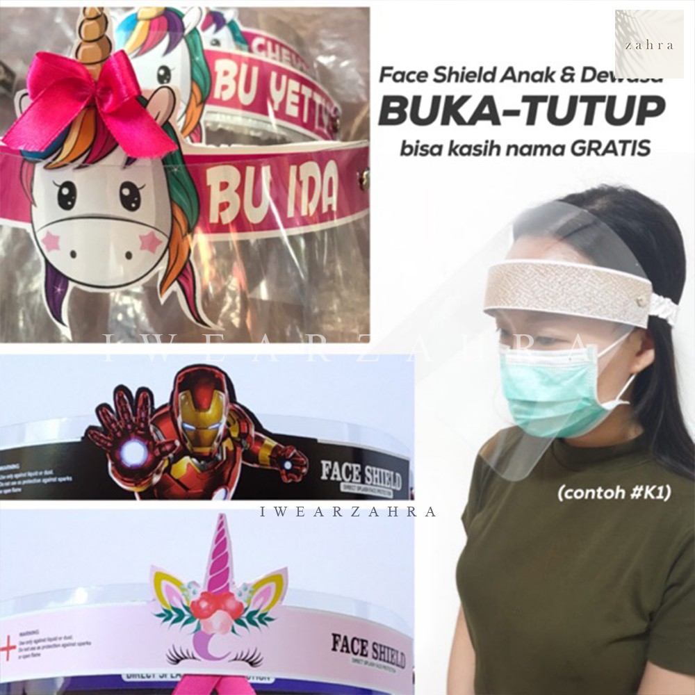 FACE SHIELD ANAK &amp; DEWASA - Buka Tutup (Nama / Karakter Lucu)