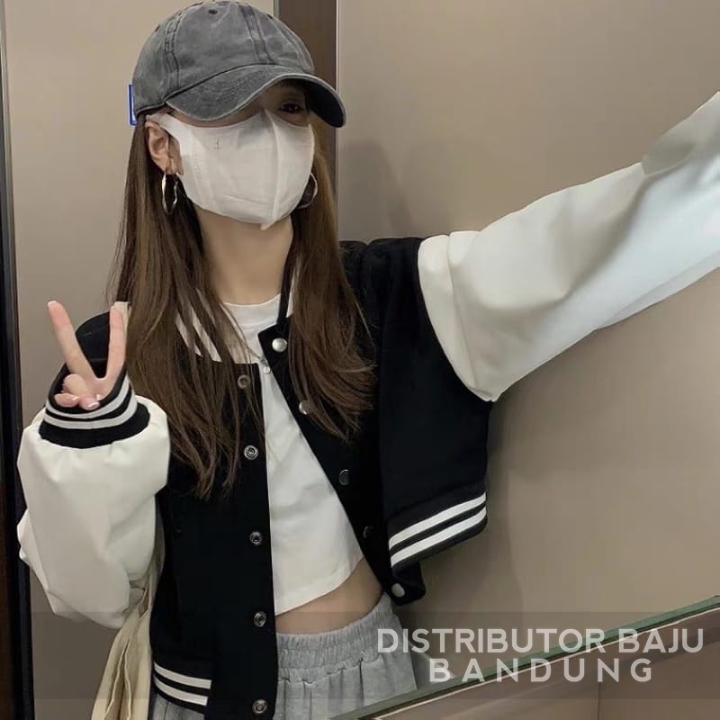 Jaket Baseball Crop | Korean Style Varsity | Pakaian Wanita | Jaket Wanita | Bahan Fleece | Allsize-3