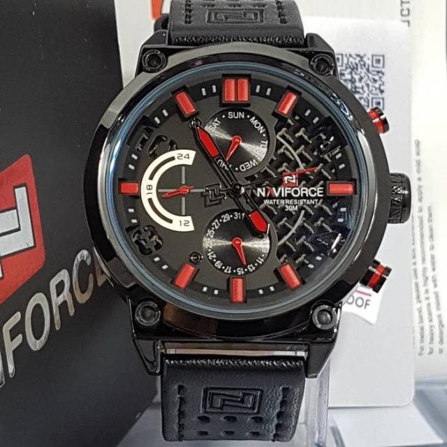 Jam Tangan Keren Pria Naviforce NV 2891 Leather Black List Red Original