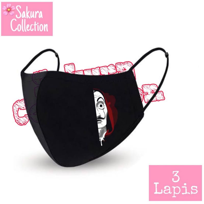 Masker kain 3 lapis - MONEY HEIST - LA CASA DE PAPEL - LA CASA DE QUARANTINE / EARLOOP HITAM 3PLY