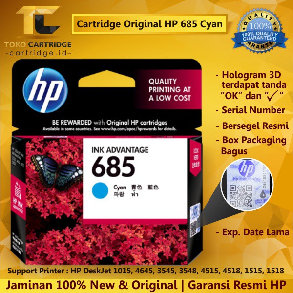 Catridge Tinta HP 685 Cyan Original Ink Cartridge CZ122AA Katrid Printer HP 4615 4625 3525 5525 6525