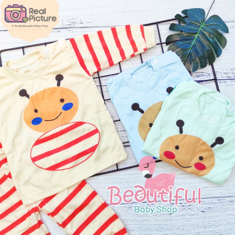 Setelan Bayi Panjang Motif Lebah / Setelan Piyama Bayi / Baju Bayi Panjang Merk Shella / Baju Tidur Bayi / Baby.ou_