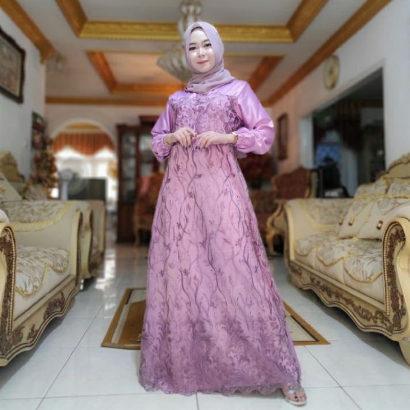 FARASYA (ADA JUMBO) GAMIS BROKAT FARASYA JUMBO  LD 120 DAN STANDAR LD 102 CM GAMIS TILE BORDIR MUTIARA GAMIS PESTA-LILAC