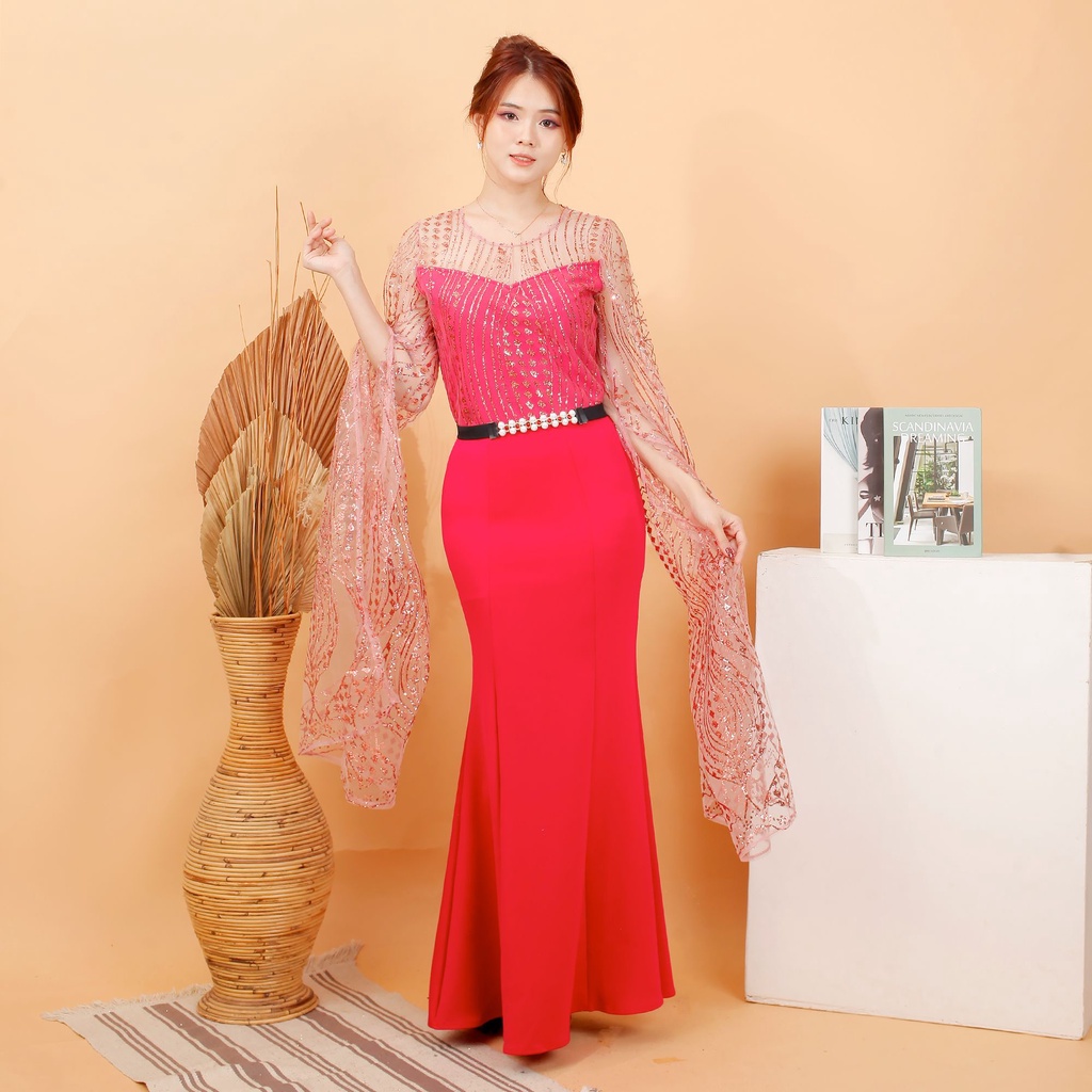 kathryn collection # 4874 , LONG DRES BAHAN SCUBA KOMBINASI TILE SUGAR CANDY FREE BELT MUTIARA