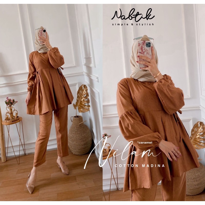 Baju Setelan Celana Bahan Cotton Madina / Nilam One Set By Nabtik Hijab