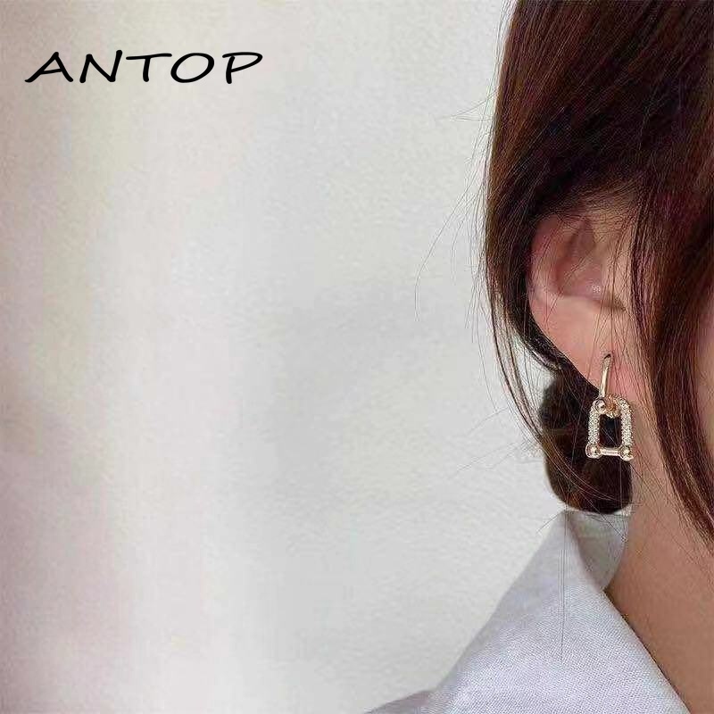 Fashion Bertatahkan Zirkon Berbentuk U Anting-Anting Emas Cincin Ganda Saling Geometris Dilepas Retro Telinga Stud Minoritas Perhiasan Untuk Wanita ANTOP