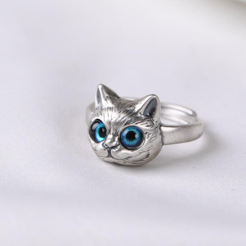 Cincin Wanita Desain Kepala Kucing Mata Besar Gaya Casual Adjustable Untuk Pestahadiah