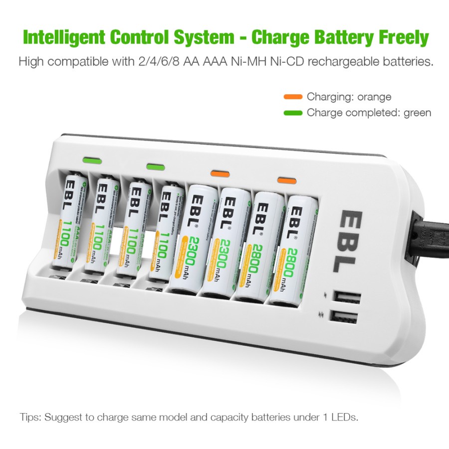 EBL Charger AA / AAA Ni-MH Rechargeable Ba with 8-Bay With 2 Usb Port