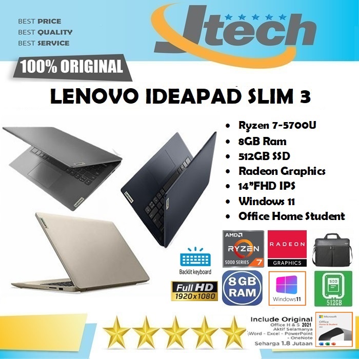 LENOVO IDEAPAD SLIM 3 - RYZEN 7-5700U - 8GB - 512GB SSD - BACKLIT KB - 14&quot;FHD IPS - WIN11 - OFFICE HOME STUDENT