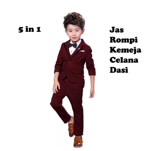 2- 10 tahun PREMIUM Setelan jas anak tuxedo 5 in 1 Maroon Merah