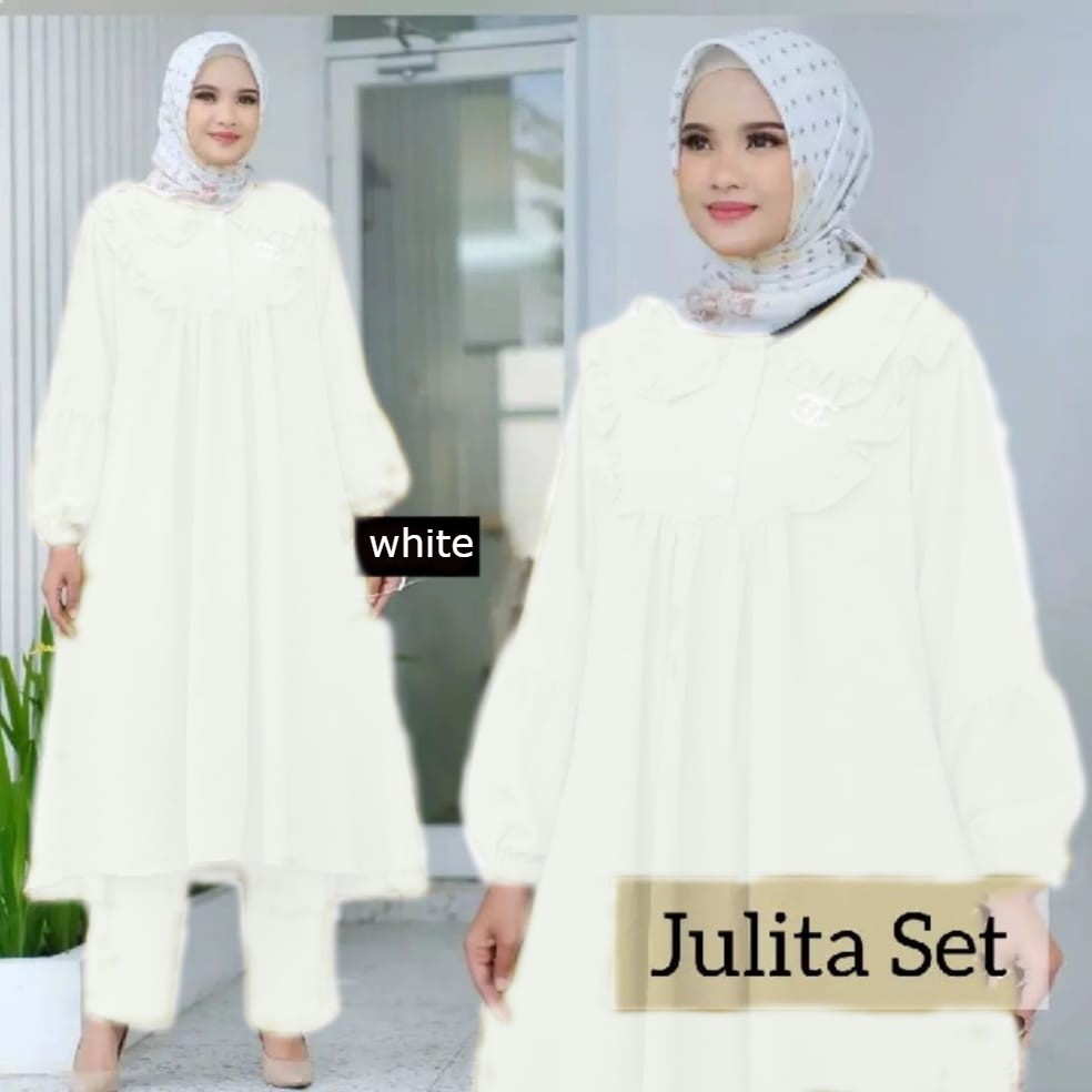 Julita Set Baju Wanita Setelan Jumbo Terbaru 2022/Setelan Muslim Wanita Terbaru Bahan Cringkle/Setelan Long Tunik Set/ Fashion Outfit set 2 In 1 Anti Kusut