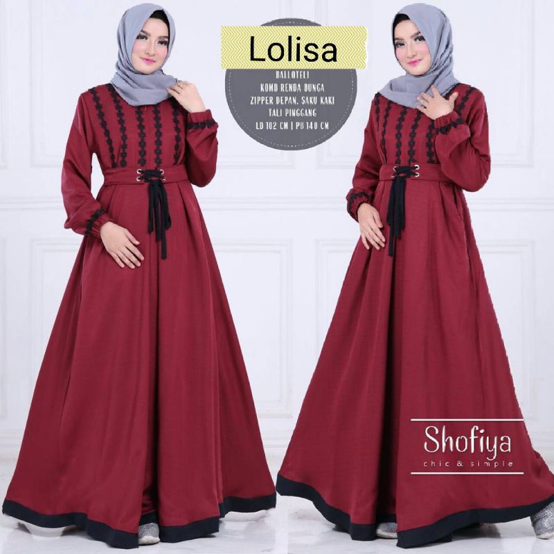 Baju Gamis Dress Kondangan Busui Wanita Muslim Motif Renda Bunga Rempel Tali Pita Depan LOLISA Warna